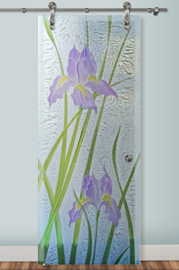 Iris Tempered Glass Barn Door Glass Effect Semi-Private 3D Enhanced Painted Gluechip Glass Finish Farmhouse Decor Floral Style Sans Soucie