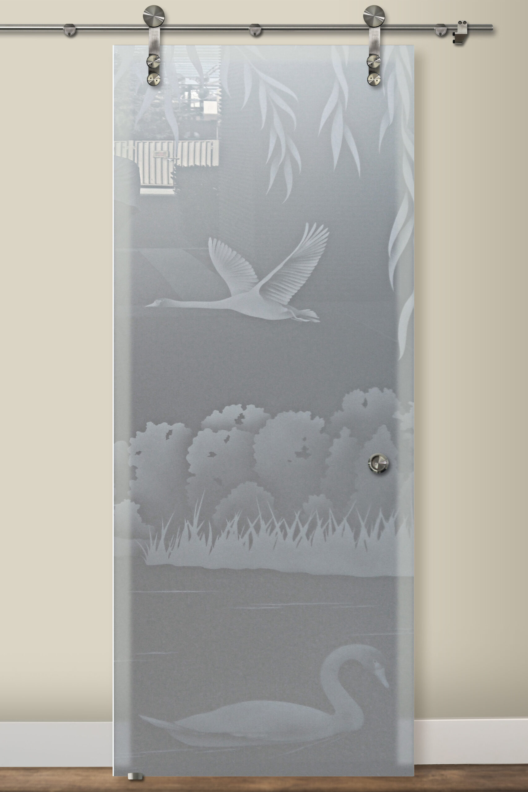 Swans on the Lake II Glass Barn Door Glass Effect  Private 2D Frosted Glass Finish Farmhouse Decor Sans Soucie 