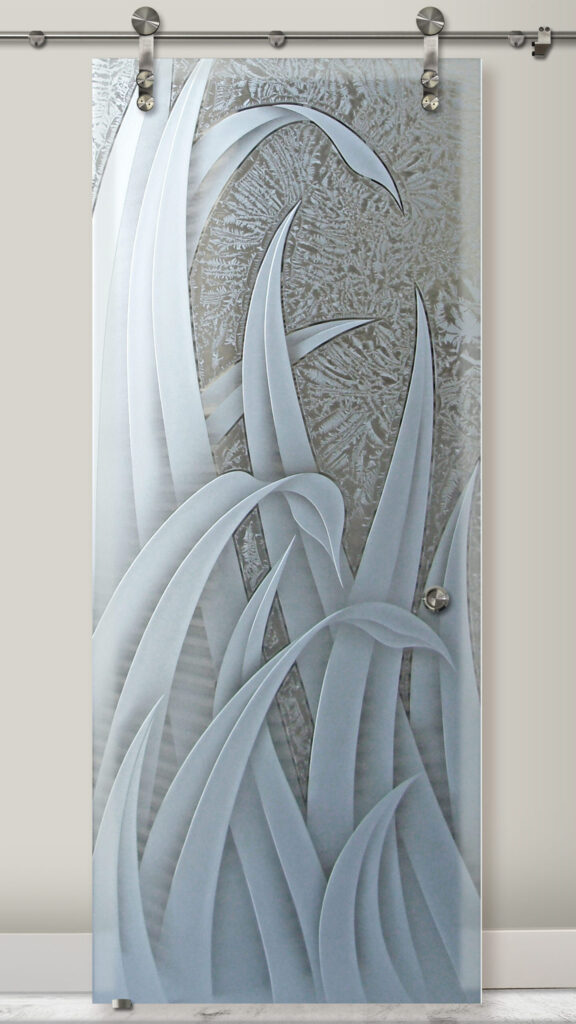 Reeds Semi-Private 3D Enhanced Gluechip Tempered Glass Sliding Glass Barn Door Farmhouse Decor Sans Soucie