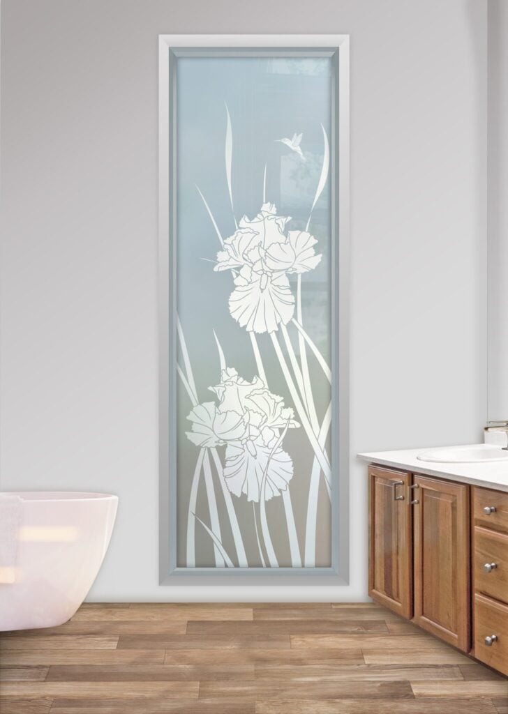 Iris Hummingbird II Window Glass Effect Private 1D Private Frosted Glass Finish Floral Decor Frosted Glass Bathroom Window Sans Soucie