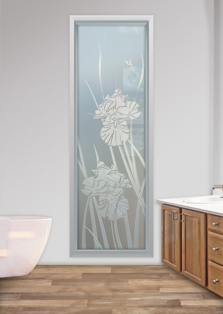 Iris Hummingbird II Glass Effect Private 3D Frosted Glass Finish Floral Decor Bathroom window Sans Soucie