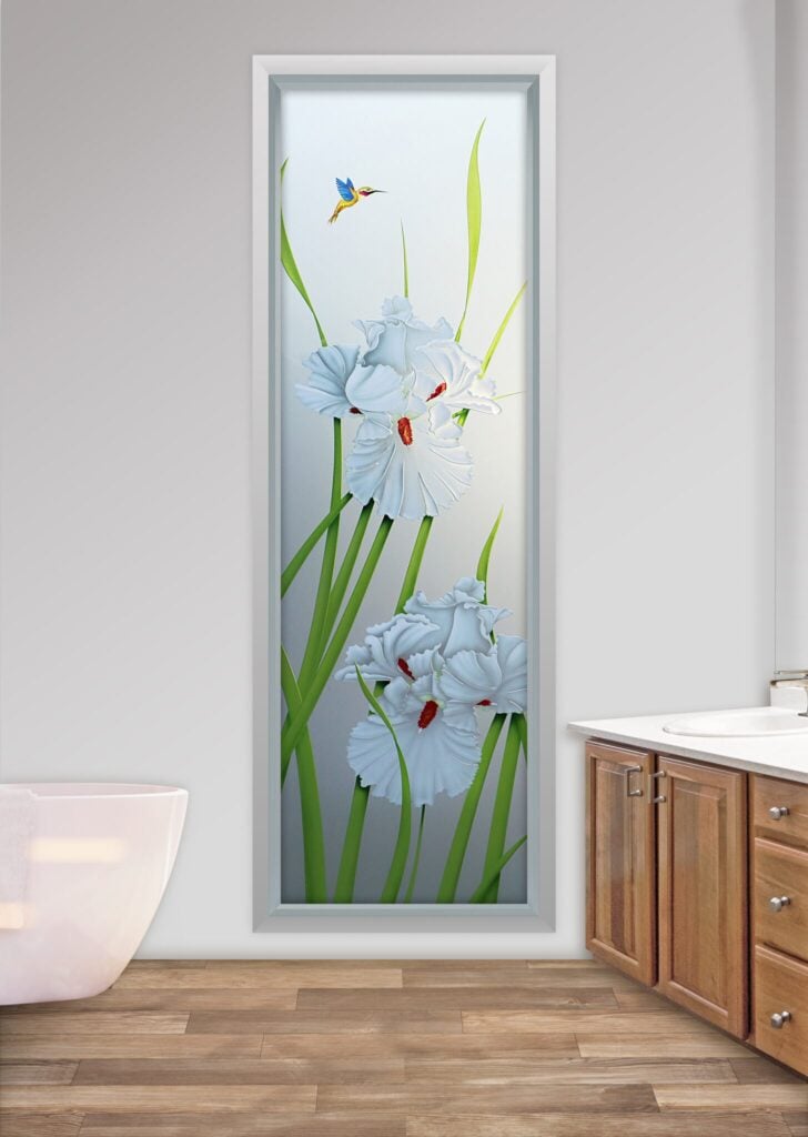 Iris Hummingbird II Glass Effect Private 3D Enhanced Painted Frosted Glass Finish Floral Decor Bathroom window Sans Soucie