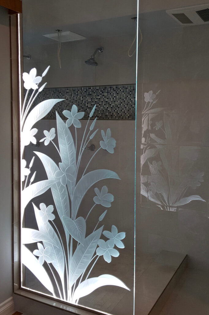 Plumeria Semi-Private 3D Enhanced Ultra Clear Glass Finish Floral Decor Glass Shower Panel Sans Soucie