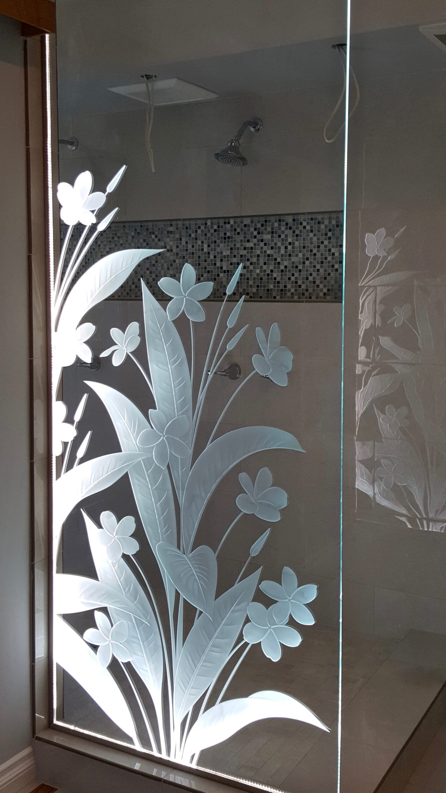 Plumeria Semi-Private 3D Enhanced Ultra Clear Glass Finish Floral Decor Glass Shower Panel Sans Soucie