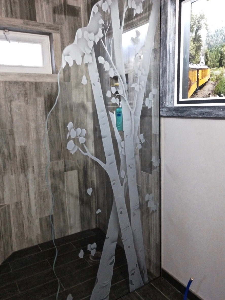 Aspen Trees Semi-Private 2D Chiseled Irregular Edge Clear Glass Finish Glass Shower Panel Sans Soucie 