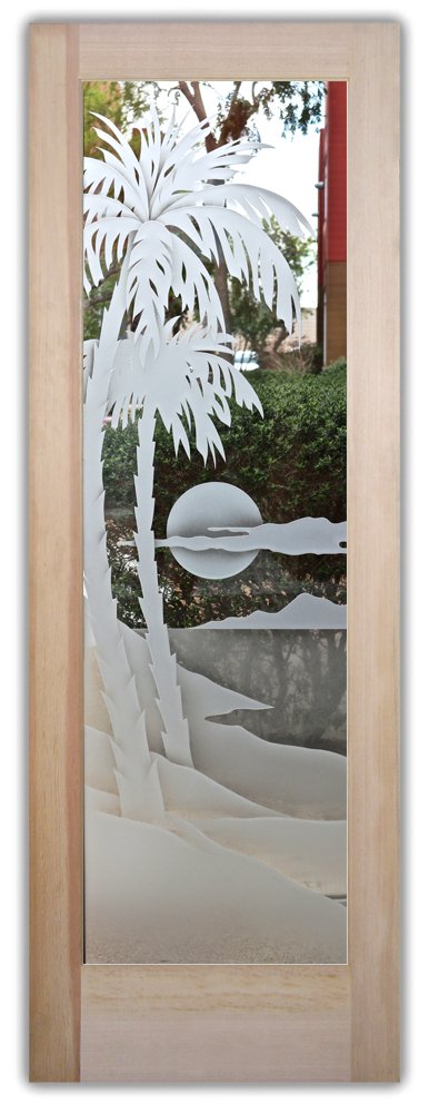 Palm Sunset Interior Prehung Door or Interior Slab Door Semi-Private 3D Enhanced Clear Glass Finish Tropical Decor Frosted Glass Interior Doors Sans Soucie