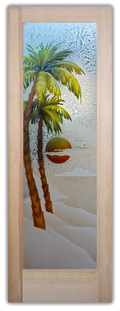 Palm Sunset Interior Prehung Door or Interior Slab Door Single Douglas Fir Frame Semi-Private 3D Enhanced Painted Gluechip Glass Finish Tropical Decor Frosted Glass Interior Doors Sans Soucie