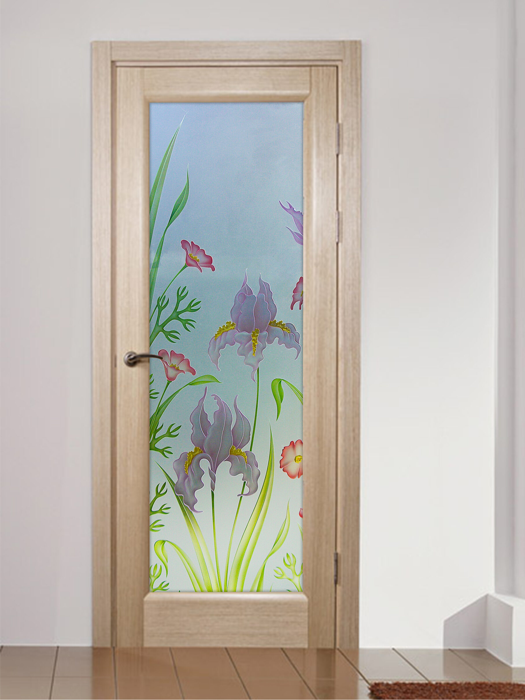 Iris Poppy Interior Prehung Door or Interior Slab Door 
Private 3D Enhanced Painted Frosted Glass Finish Floral Decor Frosted Glass Interior Doors Sans Soucie