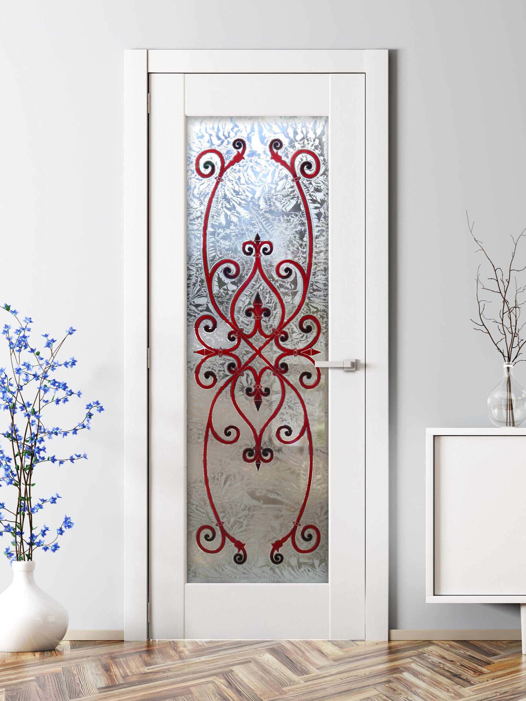 Corazones Burgundy Semi-Private 3D Painted Gluechip Glass Pantry Door Vintage Decor Sans Soucie
