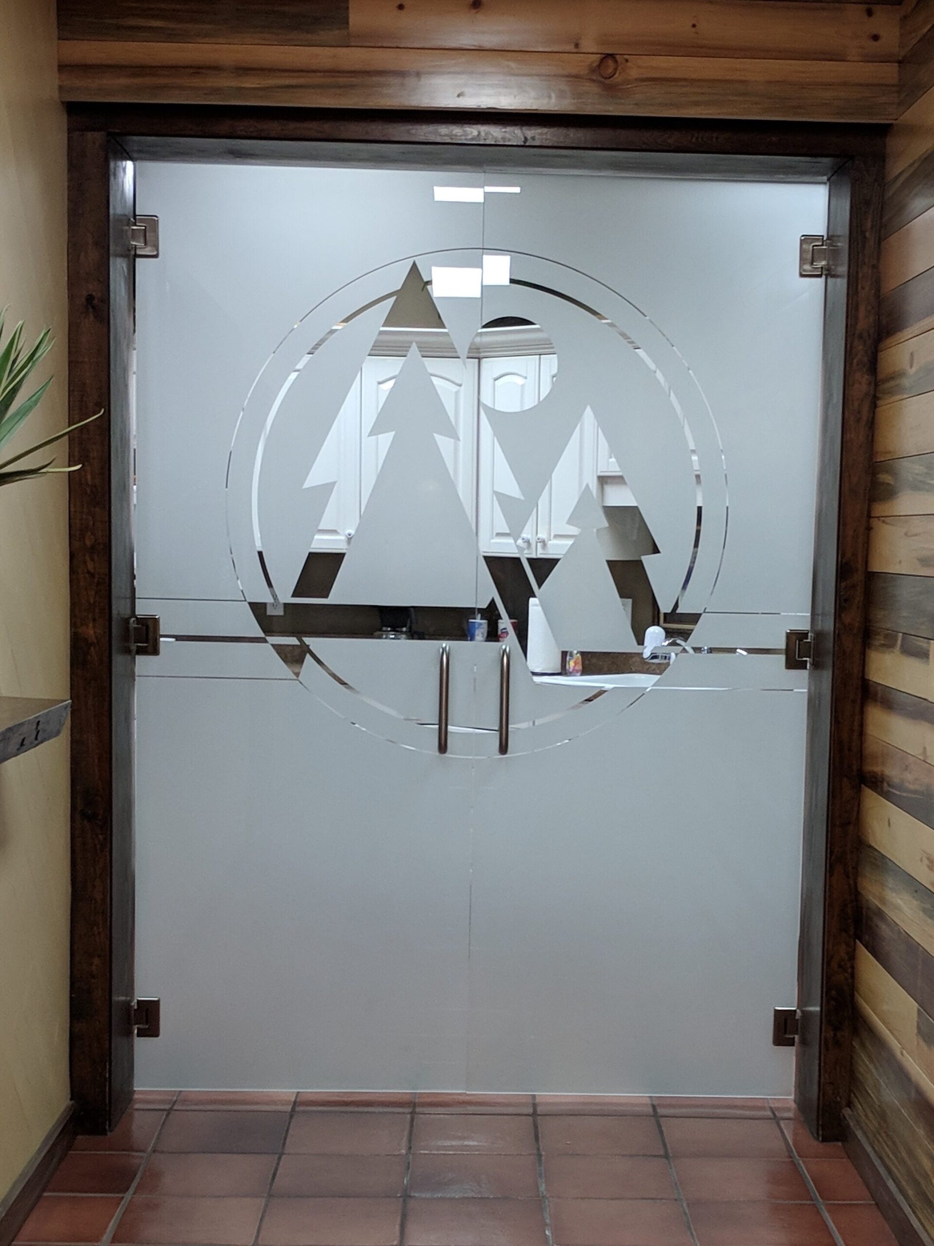 Dodson Lumber (similar look) Semi-Private - 1D Negative Frosted Glass Finish Frameless Glass Interior Doors Sans Soucie