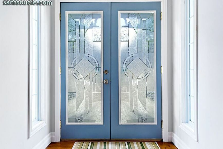 Matrix Chardonnay Semi-Private 3D Enhanced GlueChip Negative Frosted Glass Finish Frosted Glass Interior Doors Geometric Traditional Decor Sans Soucie
