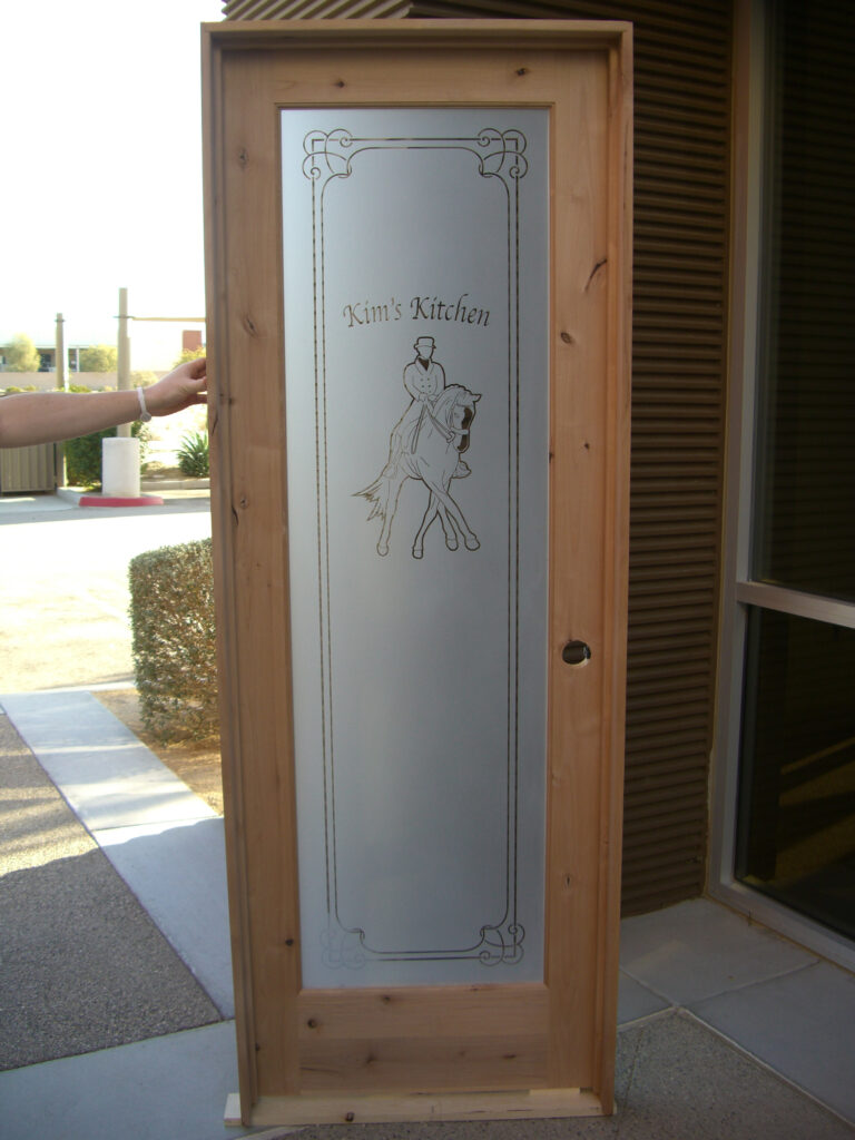 customized pantry door glass horse rider frosted glass finish Sans Soucie 