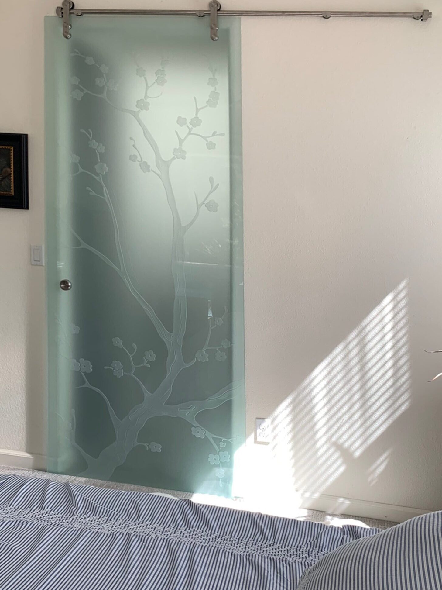 Cherry Blossom Glass Barn Door Private 3D Frosted Glass Finish Sliding Glass barn Doors Sans Soucie