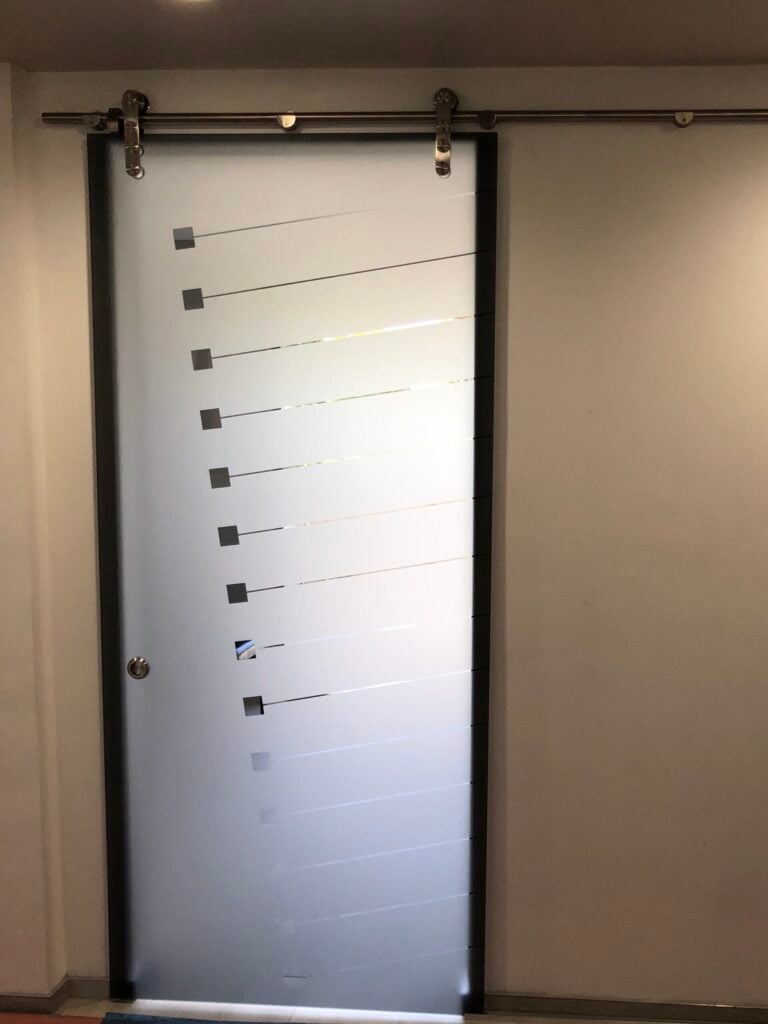 Tilt Glass Barn Door Semi-Private 1D Negative Frosted Glass Finish Sliding Glass Bar Doors Sans Soucie
