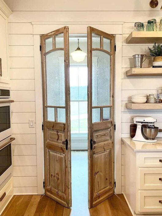 wood French prehung pantry doors with glass rustic farmhouse design style