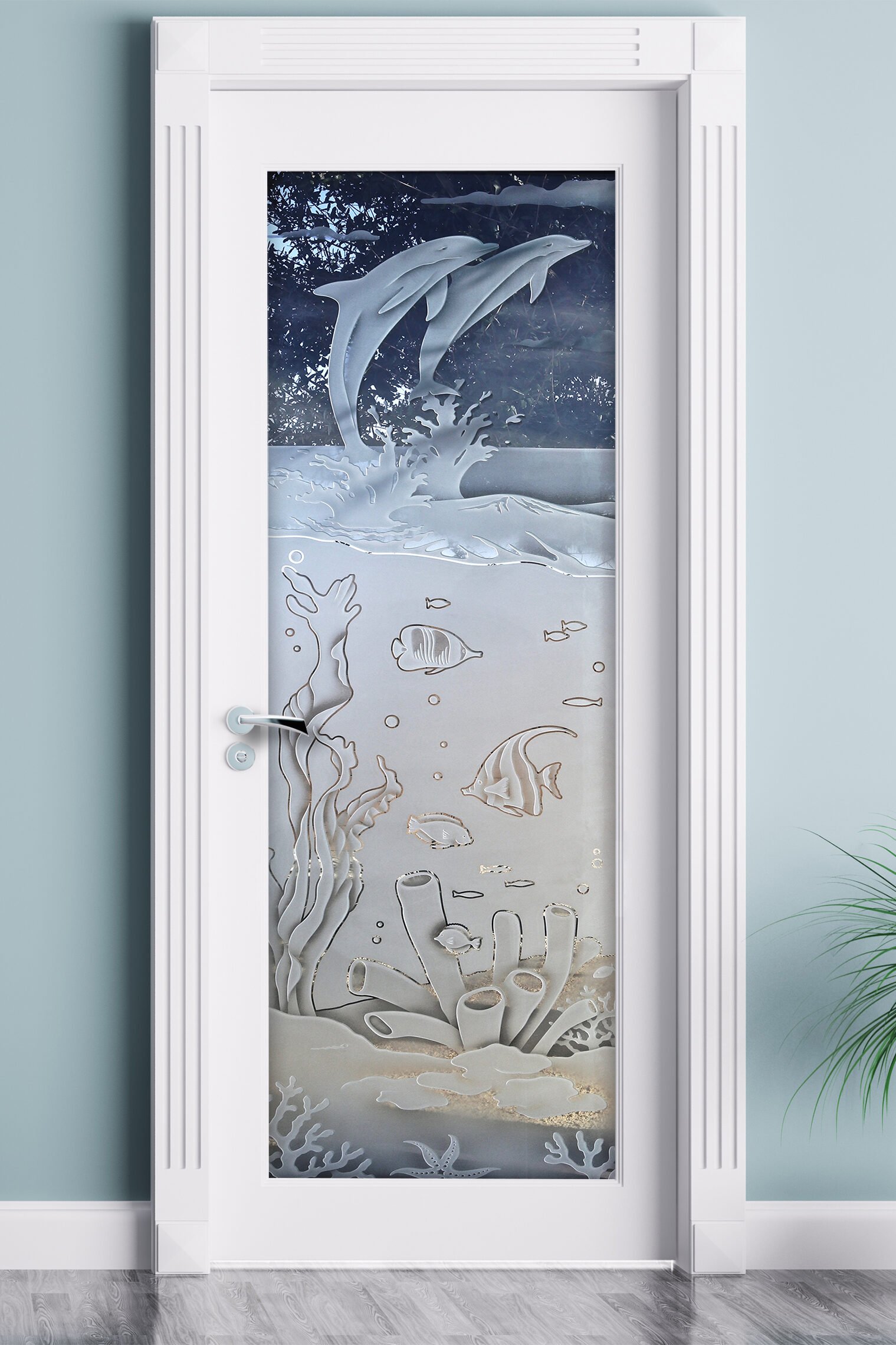 Aquarium Dolphins Semi-Private 3D Enhanced Negative Frosted Glass Finish Glass Front Doors Beach Decor Sans Soucie