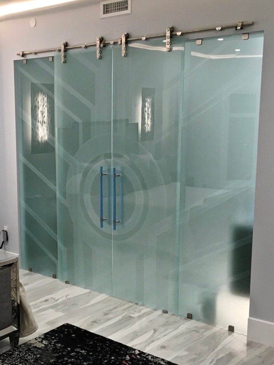 Sun Odyssey XI Private 3D Enhanced Frosted Sliding Glass Pantry Doors Barn Glass Door Frameless Glass Barn Door Modern Geometric Design