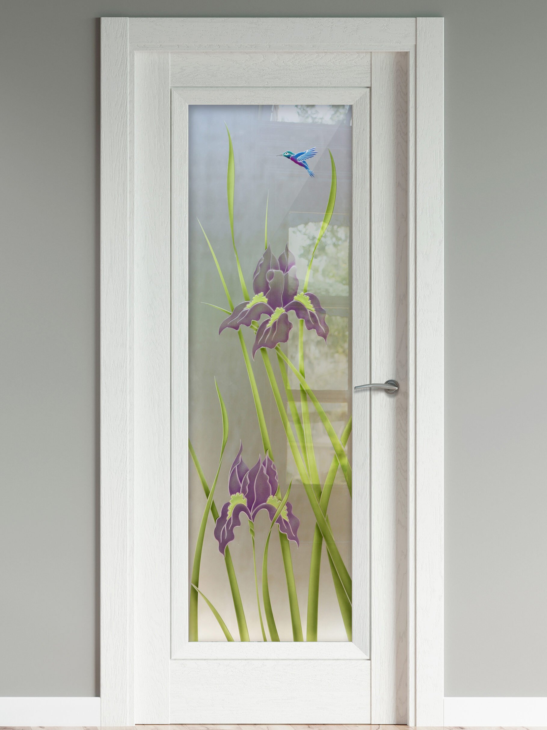 Iris Hummingbird Private 3D Painted Frosted Glass Finish Interior Frosted Glass Doors Sans Soucie  
