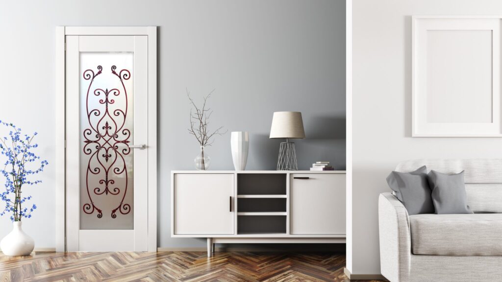 Corazones Burgundy Private 3D Painted Frosted Glass Finish Glass Pantry Doors Sans Soucie 