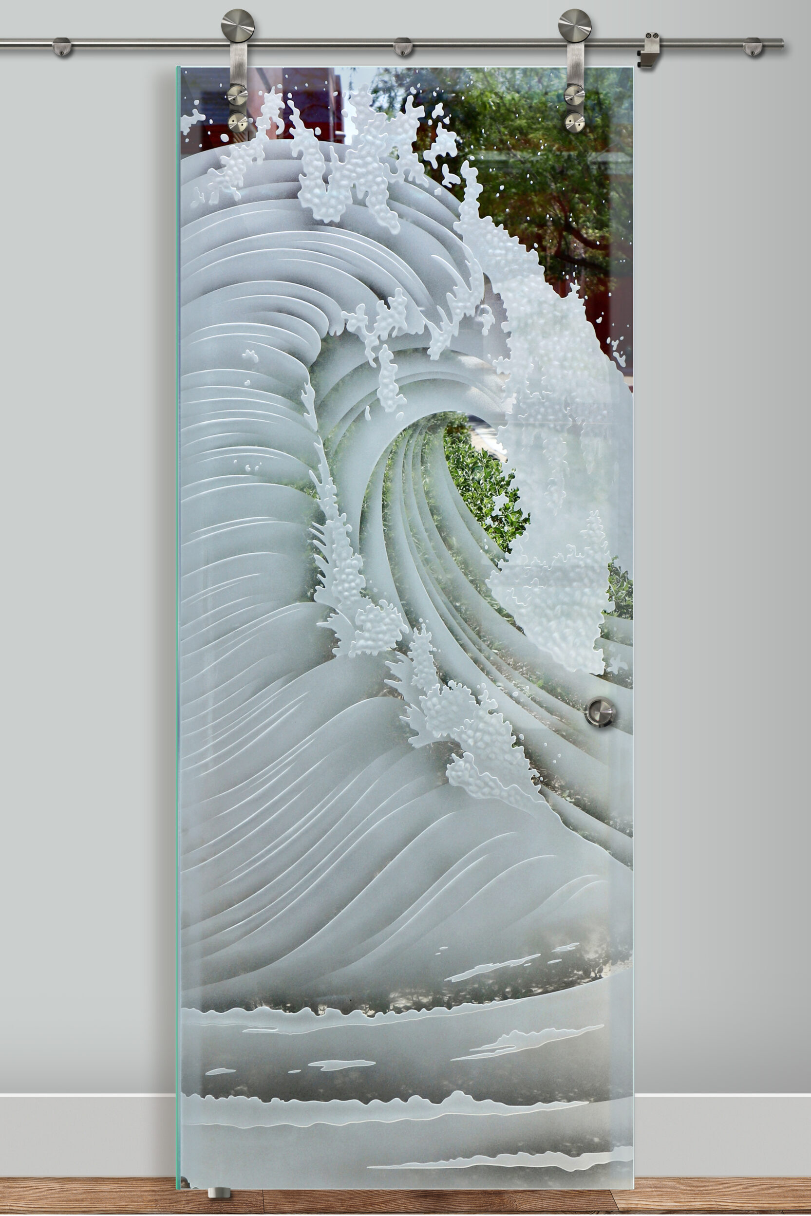 Curl Semi-Private 3D Enhanced Clear Glass Finish Oceanic Decor Glass barn Door Sans Soucie