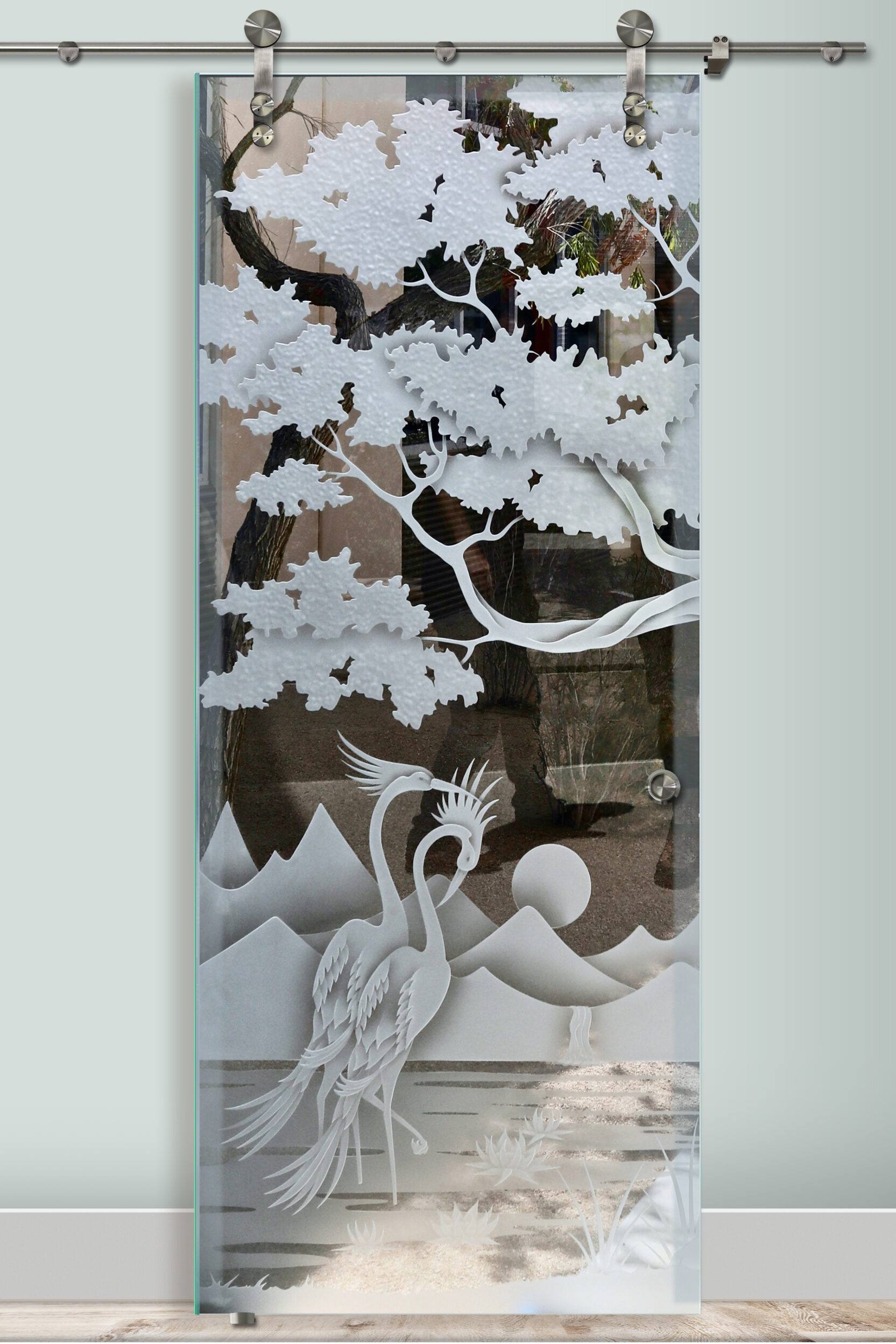 Bonsai Cranes & Cattails Semi-Private 3D Enhanced Clear Glass Finish Wildlife Scene Glass Barn Doors Sans Soucie 