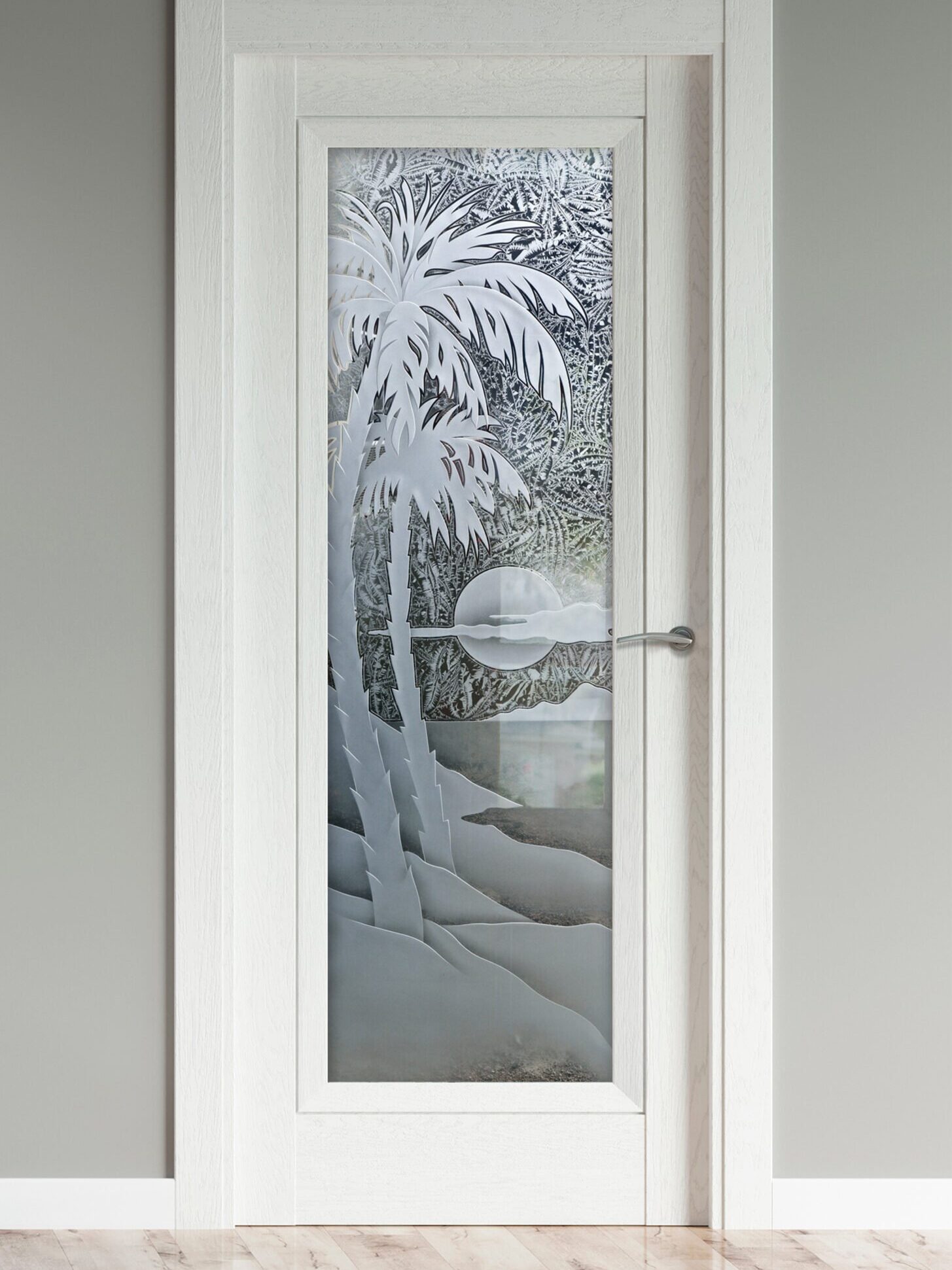 Palm Sunset Semi-Private 3D Enhanced Gluechip Glass Finish Palm Tree Pantry Door Coastal Pantry Doors