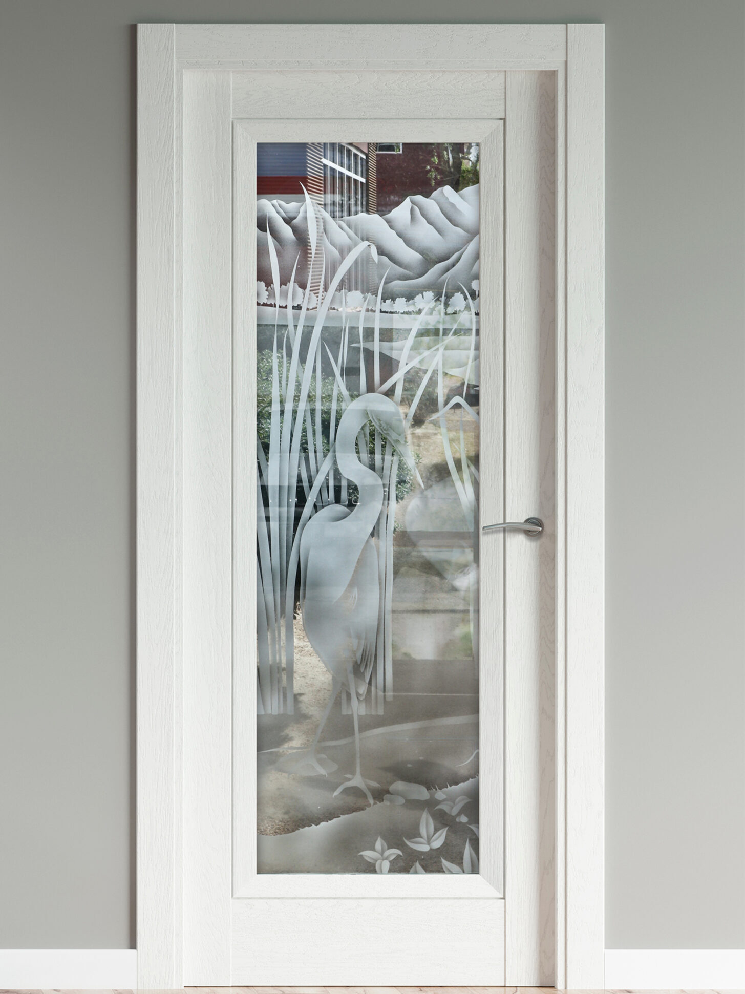 Shy Egret Semi-Private 2D Clear Glass Pantry Door Wildlife Vintage Decor Sans Soucie