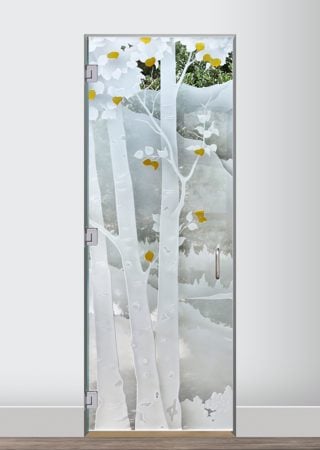 Shower Door featuring a Frosted Glass Landscapes Design Sandblast Etched Glass Birch in the Rockies Design by Sans Soucie