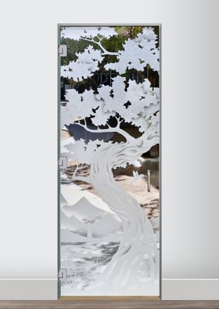 Interior Glass Door featuring Frosted Glass Design Etched Glass by Sans Soucie Art Glass with Custom Asian Design Bonsai Hummingbird