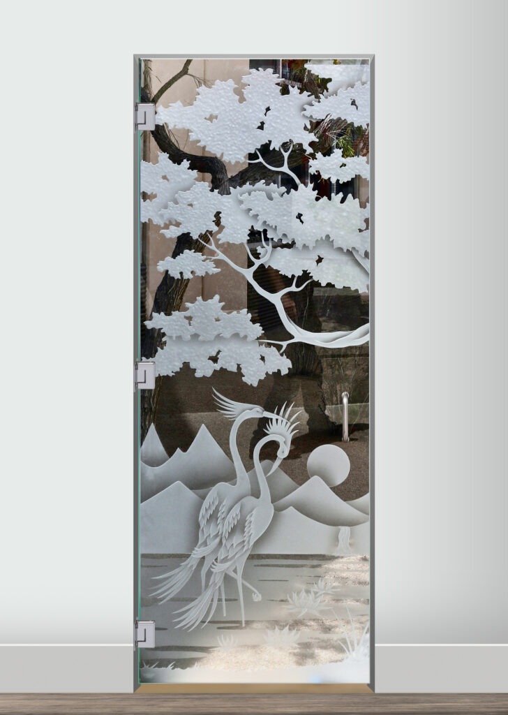 Carved glass shower door with decorative design Bonsai Cranes and Cattails Semi-Private 3D Carved and Shaded Clear Glass Finish