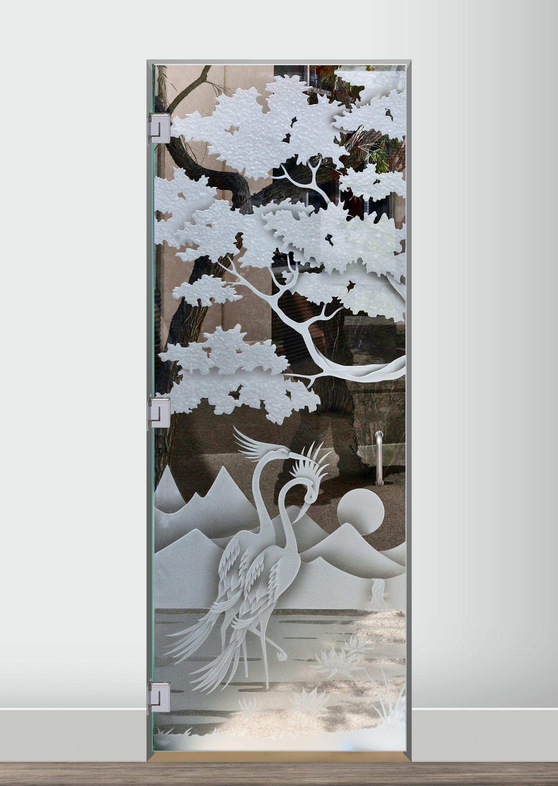 Glass Shower Door Replacement Idea Bonsai Cranes & Cattails 3D Carved and Shaded Design Sans Soucie Art Glass
