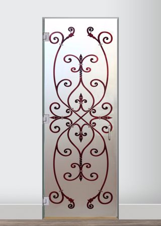 Interior Glass Door showcasing a Frosted Glass Wrought Iron Design with Sandblast Etched Glass Art by Sans Soucie Corazones Burgundy Design