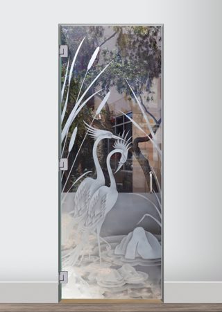 Shower Door showcasing a Frosted Glass Wildlife Design with Sandblast Etched Glass Art by Sans Soucie Cranes & Cattails Design