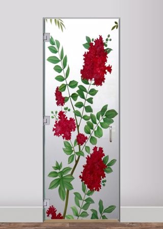 Interior Glass Door featuring a Frosted Glass Floral Design Sandblast Etched Glass Crepe Mertyl Design by Sans Soucie