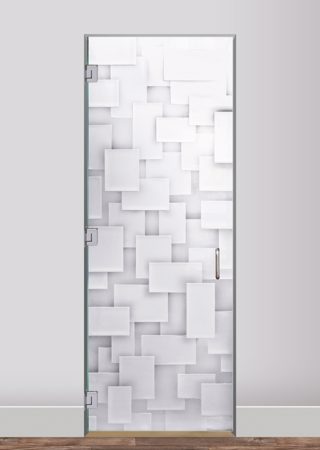 Interior Glass Door showcasing a Frosted Glass Geometric Design with Sandblast Etched Glass Art by Sans Soucie Cubes Design
