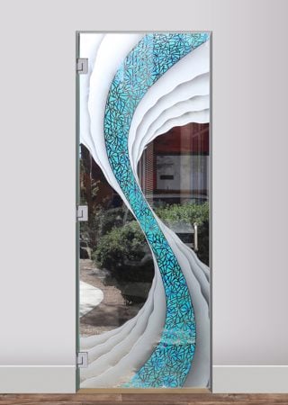 Shower Door with Frosted Glass Abstract Cyclone Blue Design by Sans Soucie