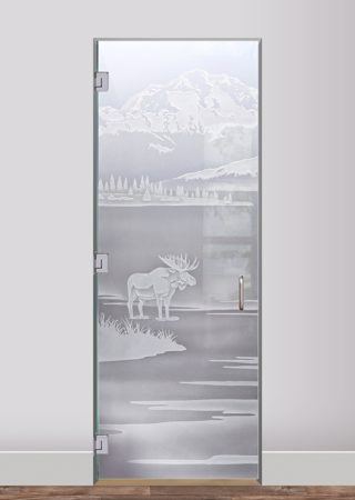 Interior Glass Door featuring a Frosted Glass Wildlife Design Sandblast Etched Glass Denali Moose Design by Sans Soucie