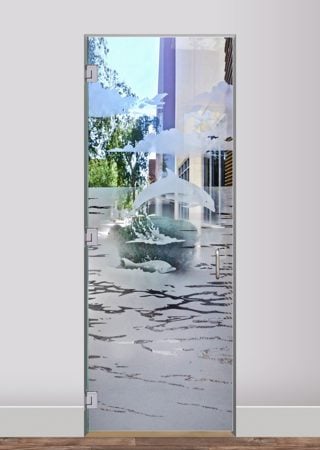Shower Door featuring Frosted Glass Design Etched Glass by Sans Soucie Art Glass with Custom Oceanic Design Dolphins in the Shimmer