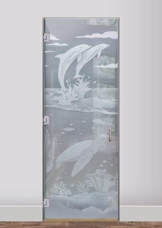 Interior Glass Door with a Frosted Glass Dolphins Leaping & Sea Turtle Oceanic Design for Private by Sans Soucie Art Glass