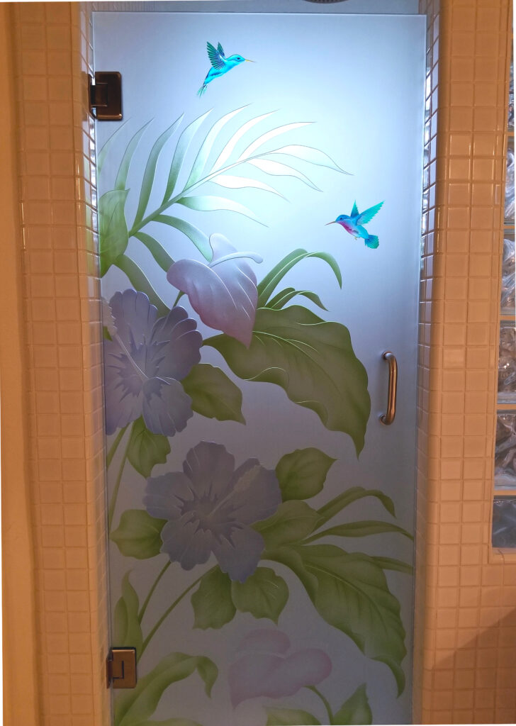 frosted glass shower door sans soucie art glass design hibiscus anthurium painted glass