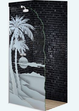 Handcrafted Etched Glass Shower Partition by Sans Soucie Art Glass with Custom Palm Trees Design Called Palm Sunset Creating Semi-Private