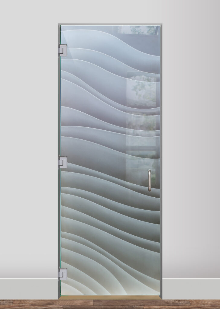 Carved glass shower door with decorative design Dreamy Waves Private 3D Carved and Shaded Frosted Glass Finish