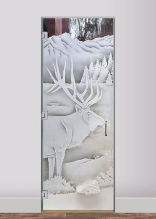 Interior Glass Door featuring Frosted Glass Design Etched Glass by Sans Soucie Art Glass with Custom Wildlife Design Elk