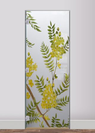 Interior Glass Door featuring Frosted Glass Design Etched Glass by Sans Soucie Art Glass with Custom Floral Design Gold Medallion