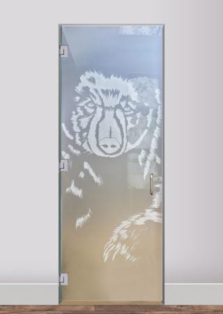 Interior Glass Door showcasing a Frosted Glass Wildlife Design with Sandblast Etched Glass Art by Sans Soucie Grizzly Design