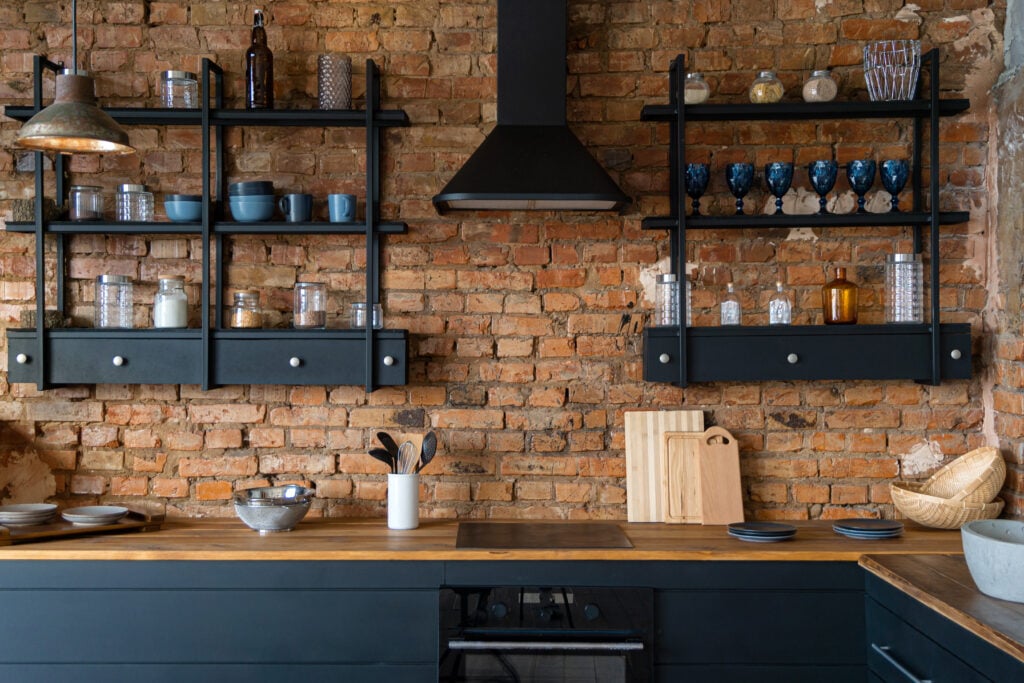 industrial interior design kitchen shelves inspiration