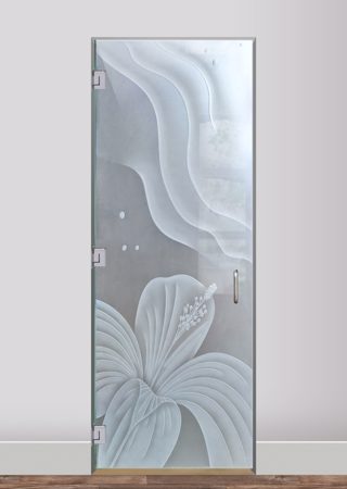 Shower Door showcasing a Frosted Glass Tropical Design with Sandblast Etched Glass Art by Sans Soucie Hibiscus Ripples Design