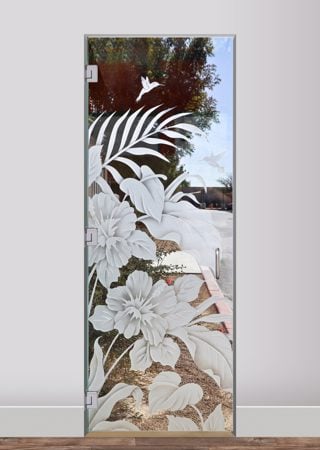 Shower Door featuring a Frosted Glass Tropical Design Sandblast Etched Glass Hibiscus Anthurium Design by Sans Soucie