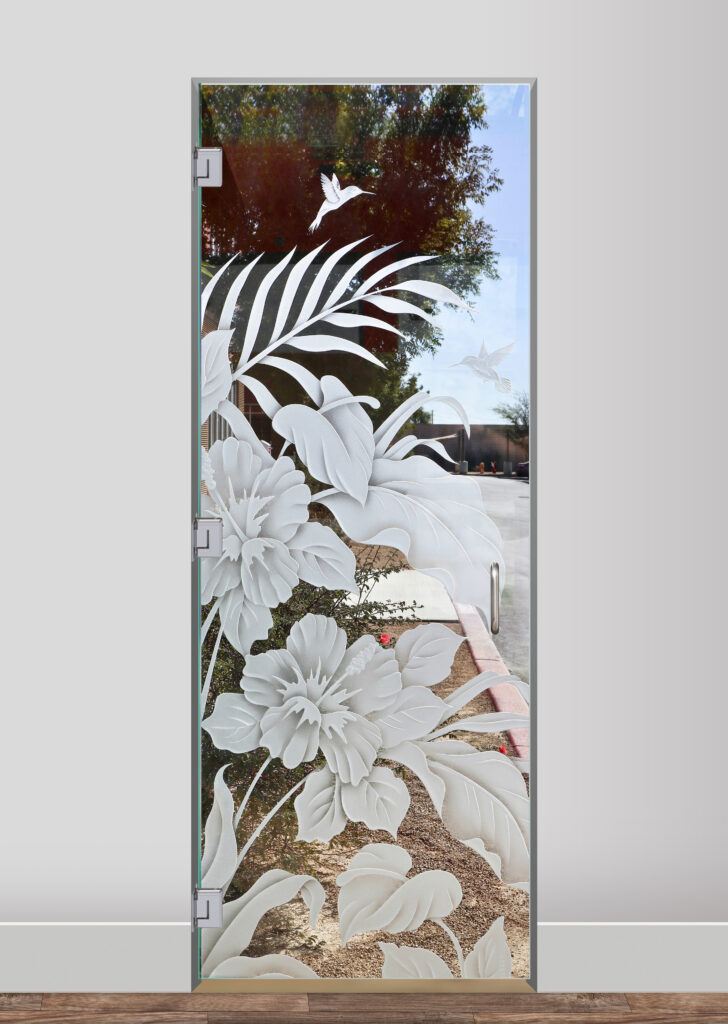Carved glass shower door with decorative design Hibiscus Anthurium Semi-Private 3D Carved and Shaded Clear Glass Finish