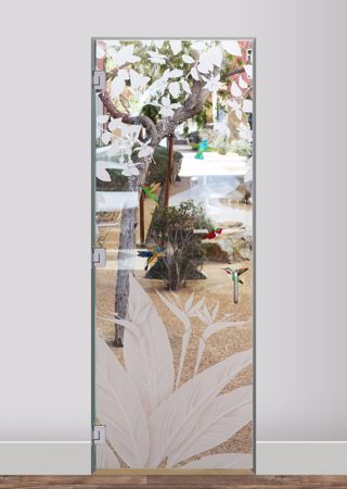 Shower Door with a sandblast Frosted Glass Tropical Design Custom-Designed Decorative Etched Glass